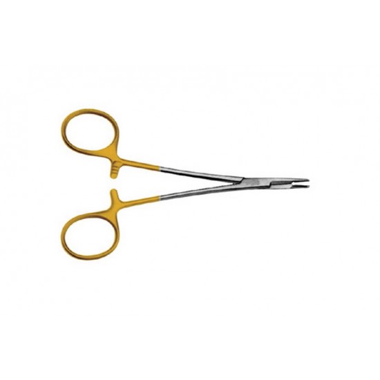 Olsen-Hegar Needle Holder - Length = 14 cm / 5-12", Mini Profile, Serration 0.4 mm, TC GOLD